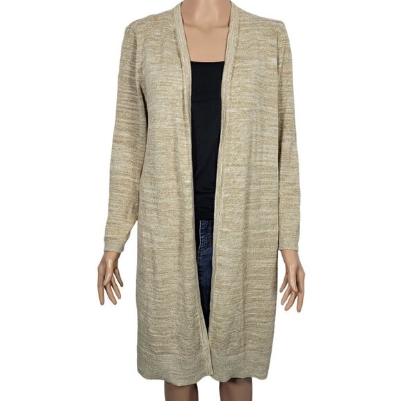 Talbots Women's Neutral Oatmeal Heather Long Cotton Blend Open Sweater Size L - Picture 2 of 11